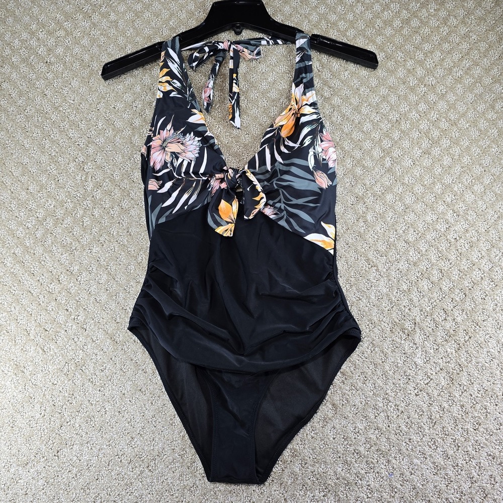 One Piece Swimsuit Tropical Floral Halter Tie Front Black Size Large - Picture 3 of 10